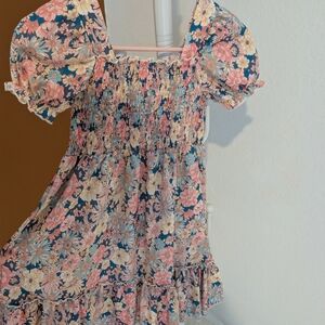 Floral Puff Sleeve Smocked Sundress - Pink & Navy